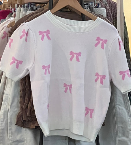 She + Sky Puff Sleeve Bow Sweater