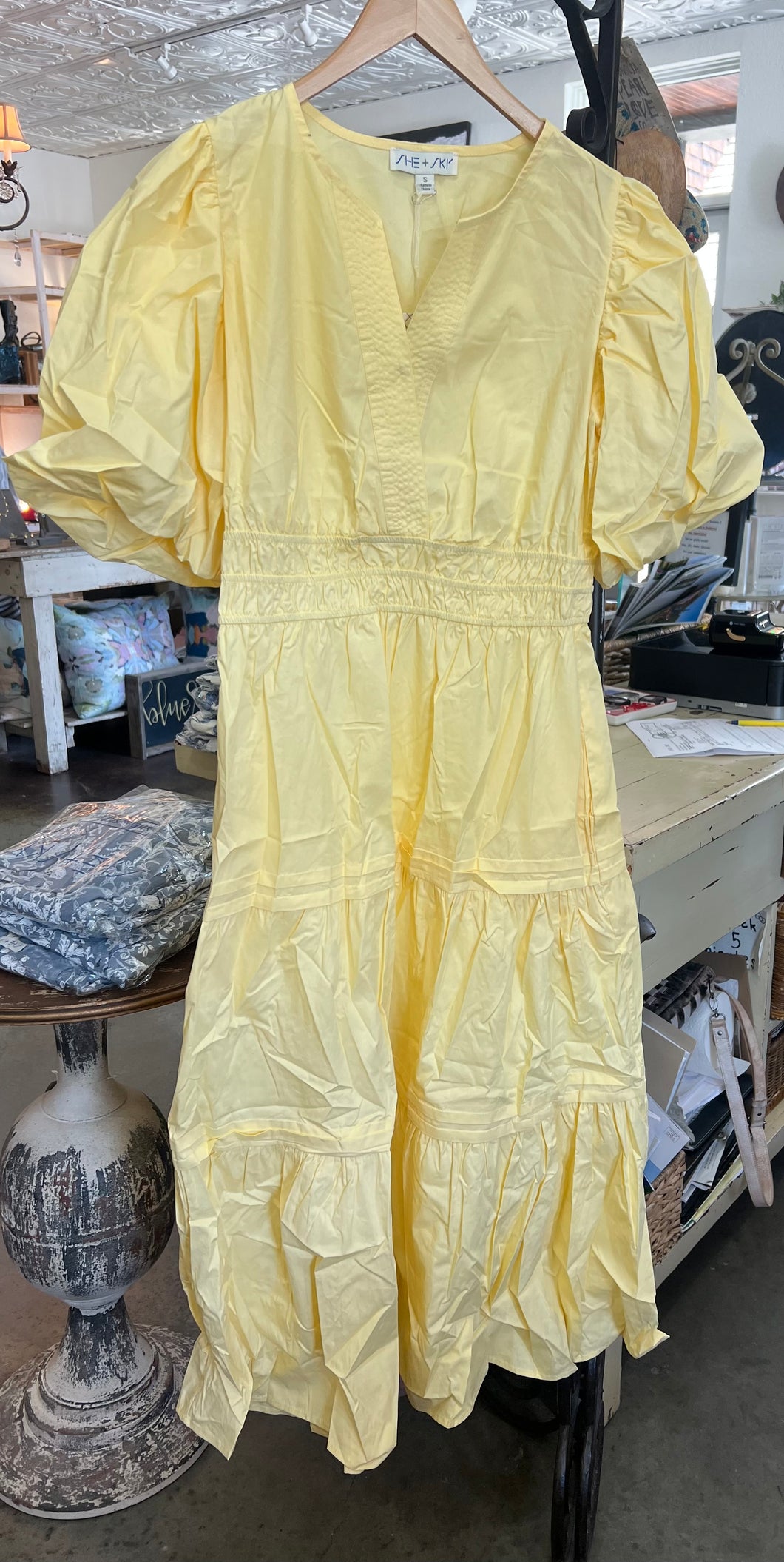 She + Sky Balloon Sleeve Poplin Midi Dress