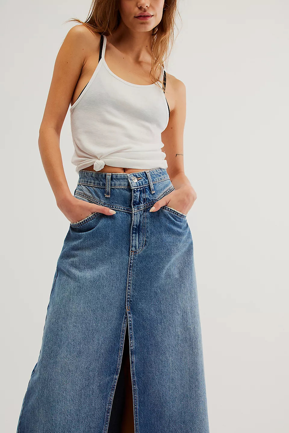 Free people come as you are denim maxi skirt